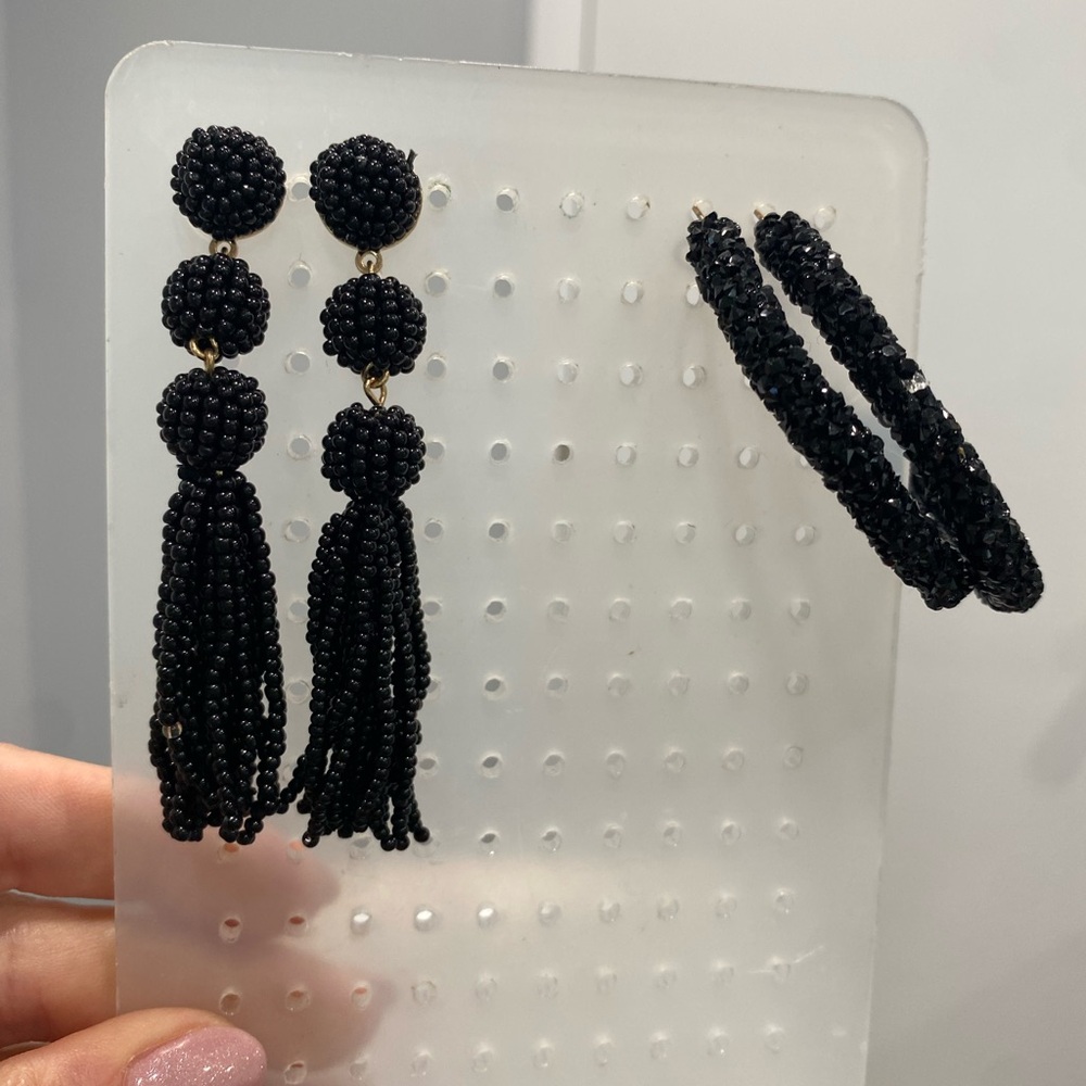 Set of Black Beaded Tassel Earrings and Black Beaded Hoop Earrings